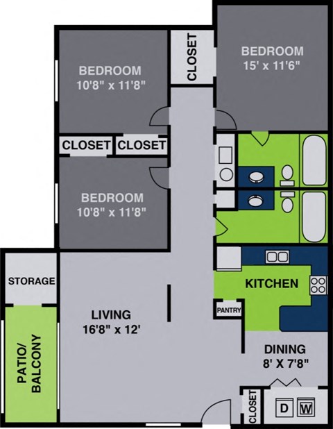 Floor plan for 3 beds, 2 baths, 1250 sqft